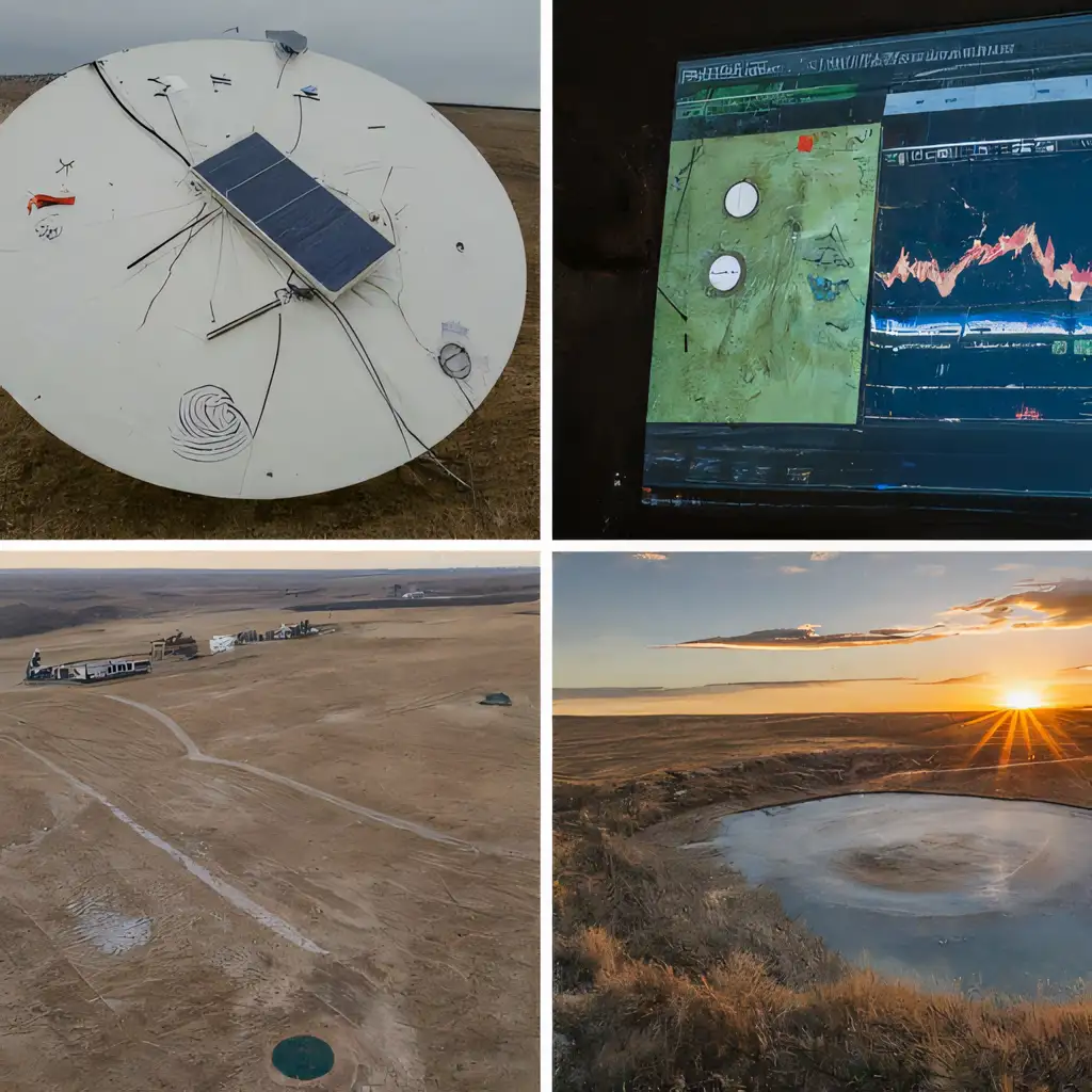 Collage of four photos representing proactive induced seismicity monitoring in resource development. Top left: satellite dish for real-time data acquisition. Top right: computer screen displaying seismic data analysis. Bottom left: aerial view of a field for environmental monitoring. Bottom right: sunset over a lake, emphasizing environmental sustainability and safety.